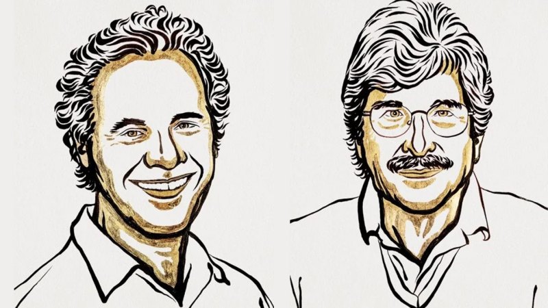 A sketch of 2024 Nobel prize winners Victor Ambros and Gary Ruvkun.