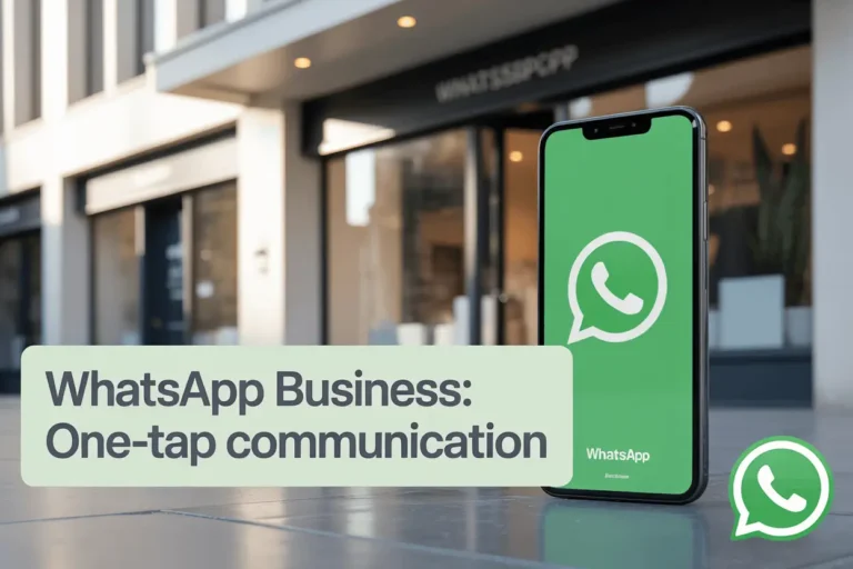 Smartphone displaying WhatsApp logo in front of a retail storefront with headline “WhatsApp Business: One‑tap communication,” illustrating how to create a WhatsApp Business link to streamline customer messaging and boost engagement.