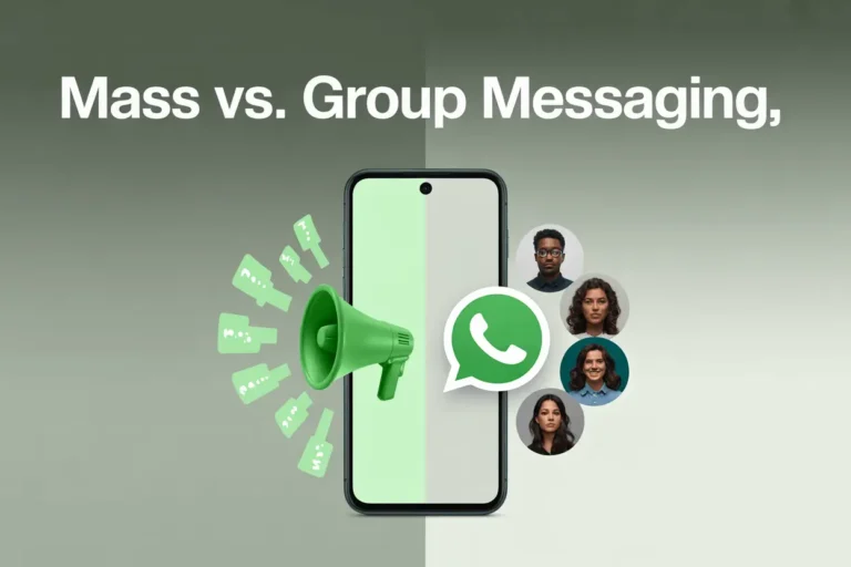 Smartphone split screen illustrating WhatsApp Business broadcast icon with multiple chat bubbles and group‑chat icon with user avatars, highlighting the difference between mass messaging and group messaging for businesses.