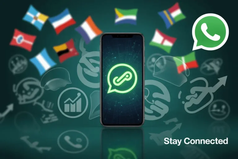 Smartphone showing WhatsApp link creation interface with global communication icons and business networking elements for streamlined customer contact and international business growth
